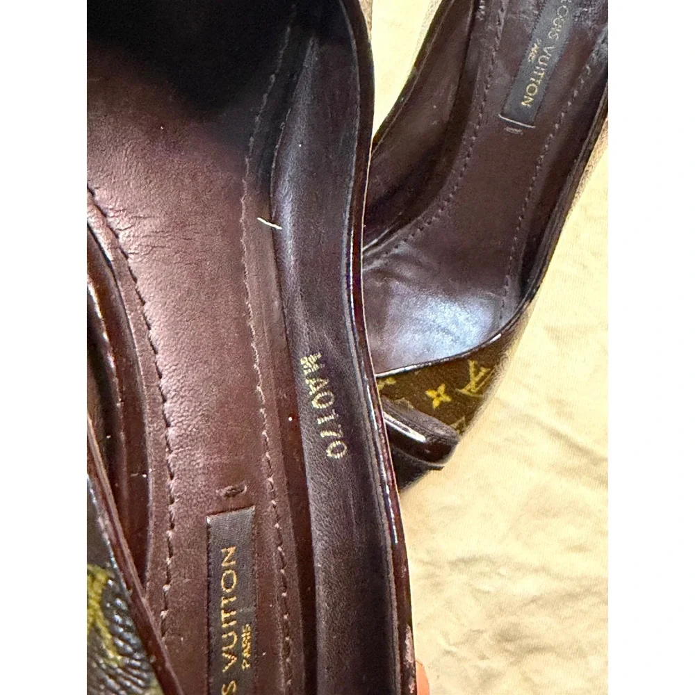 Louis Vuitton Monogram Canvas Peep Toe Bow Pumps Brown Patent Leather Heels 36